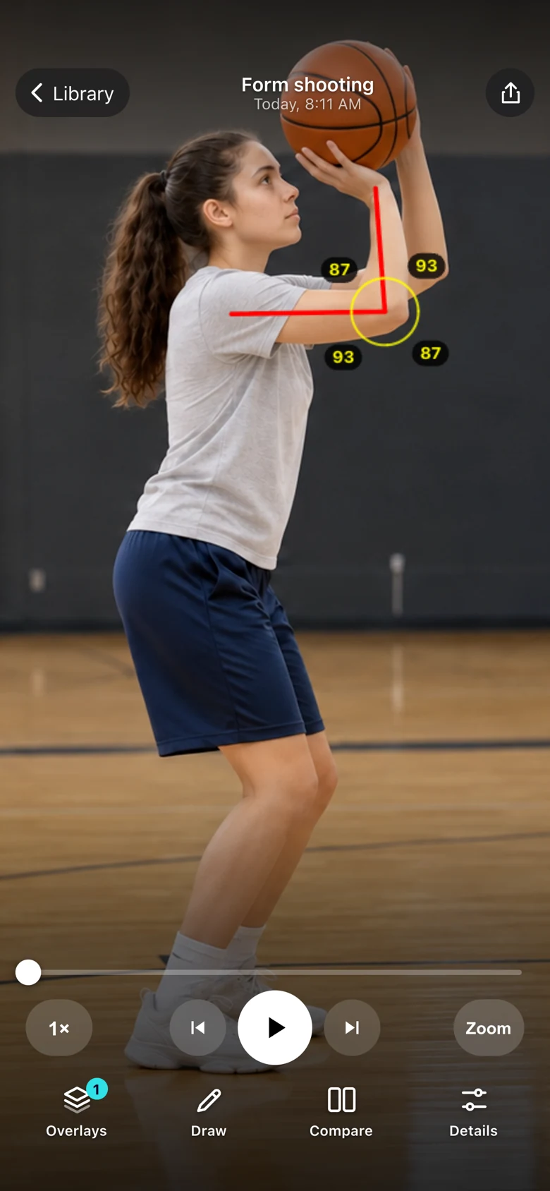Basketball Draw showing a player at the set point of a shot, with red arm guides, angle labels, and playback controls.