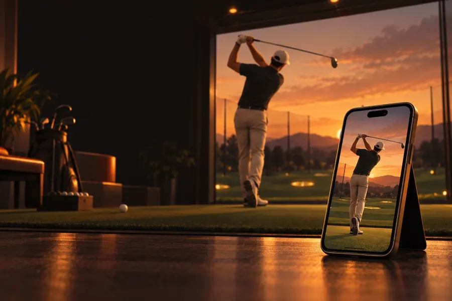 A golfer mid-swing at a driving range while a propped-up iPhone shows the same swing on a delay.