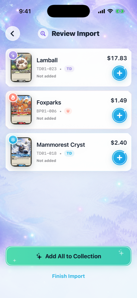 App screenshot: review recognized cards before adding them to your collection